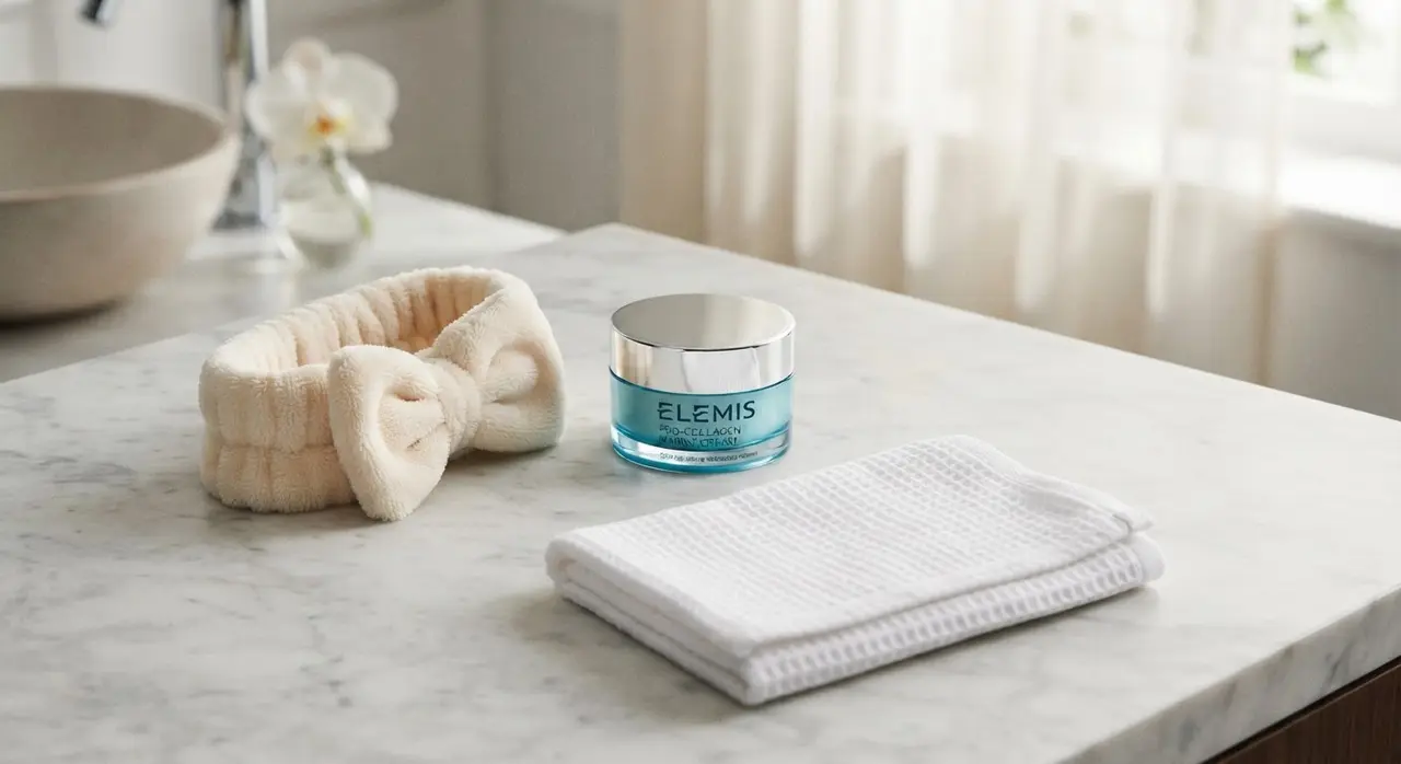 The ELEMIS Pro-Collagen Marine Cream jar on a bathroom counter as a firming face cream.
