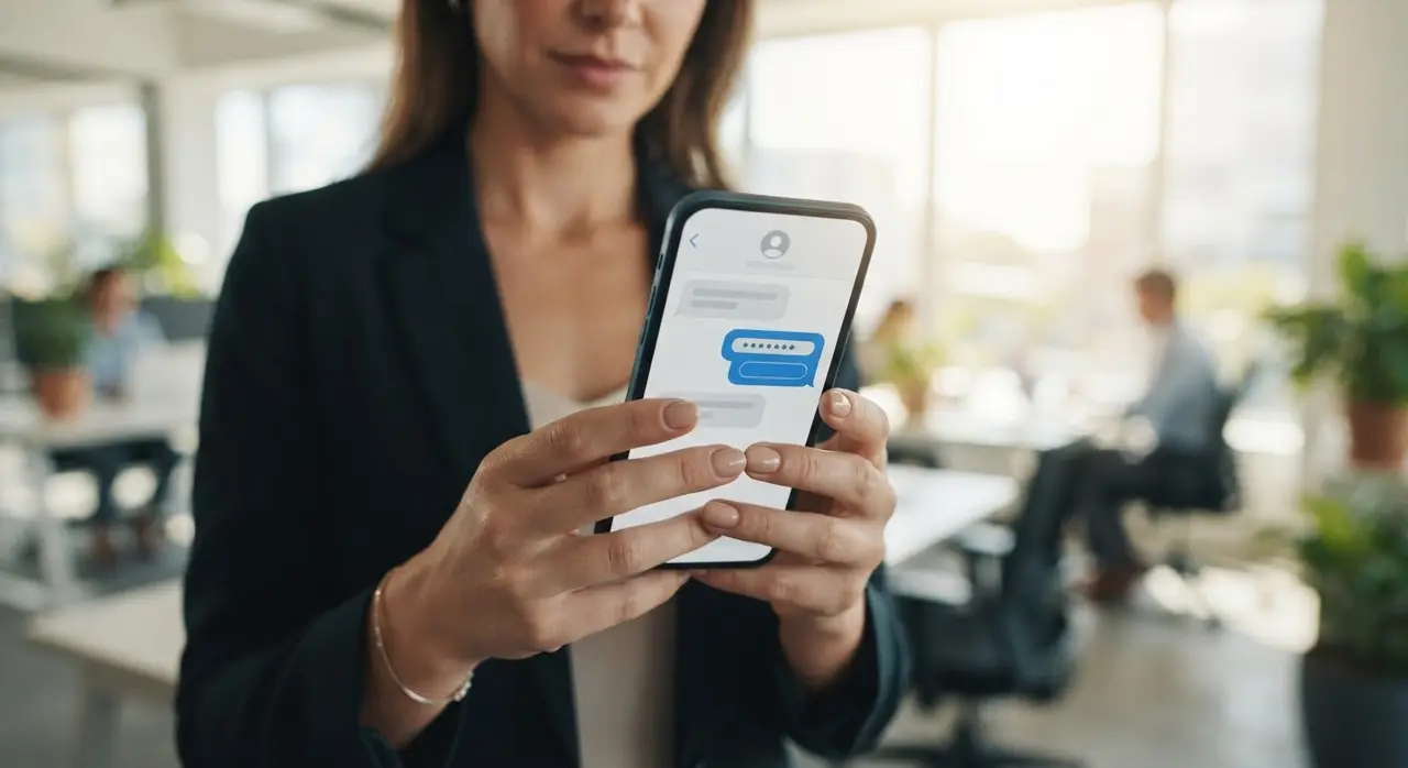 Pessoa segurando smartphone com mensagem de autenticação e botão no WhatsApp