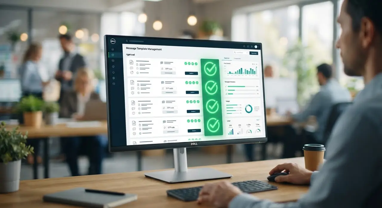 Dashboard de aprovação de templates do WhatsApp Business com ícones de sucesso