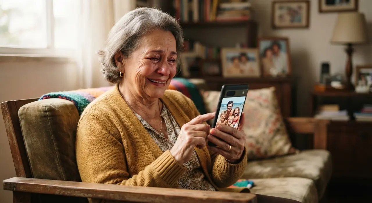 Mãe emocionada ao ver a restauração de fotos antigas da família no celular