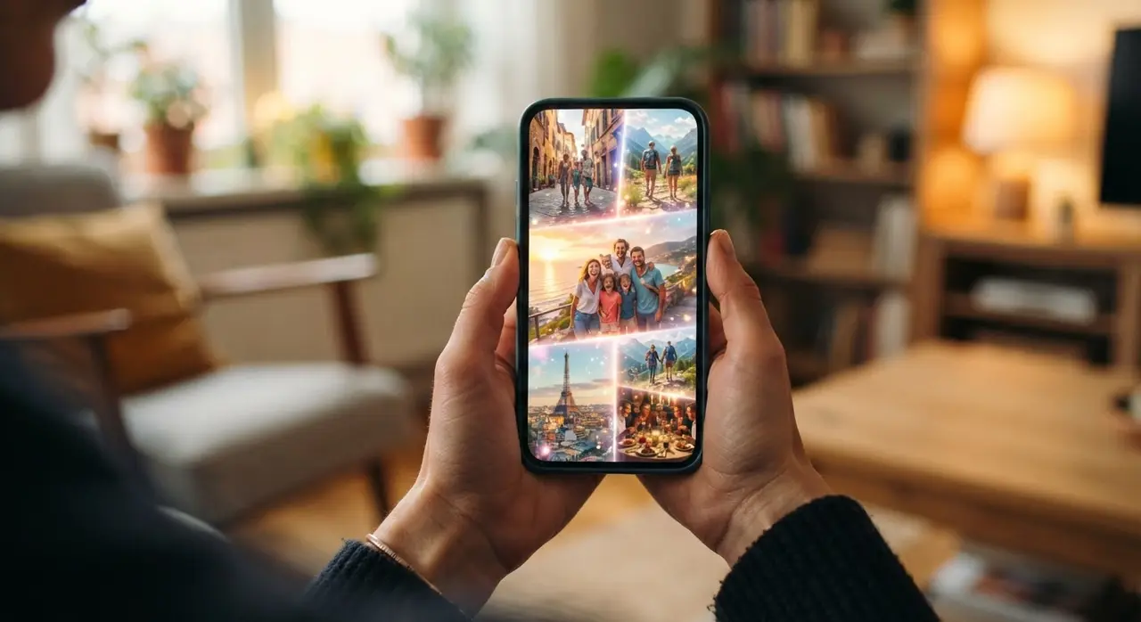 Smartphone exibindo uma montagem de fotos retrospectiva de viagem animada com IA.