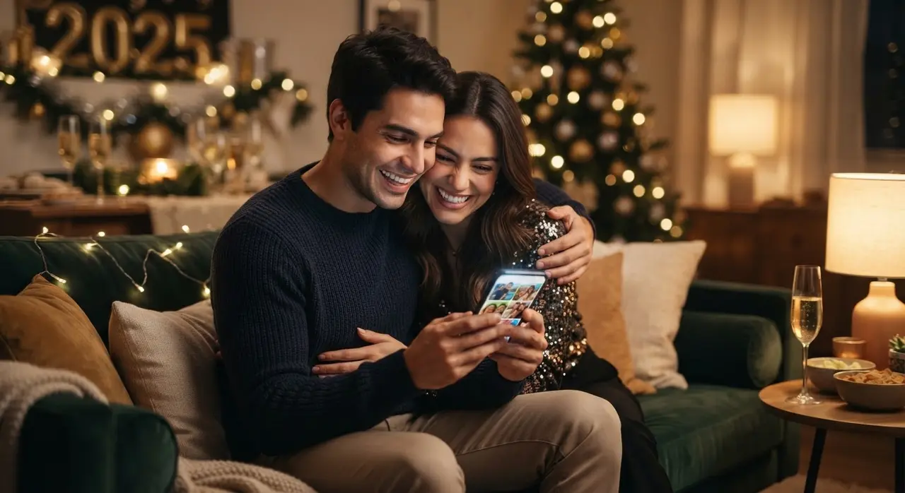 Casal sorrindo enquanto assiste a uma retrospectiva do casal em um vídeo no celular.