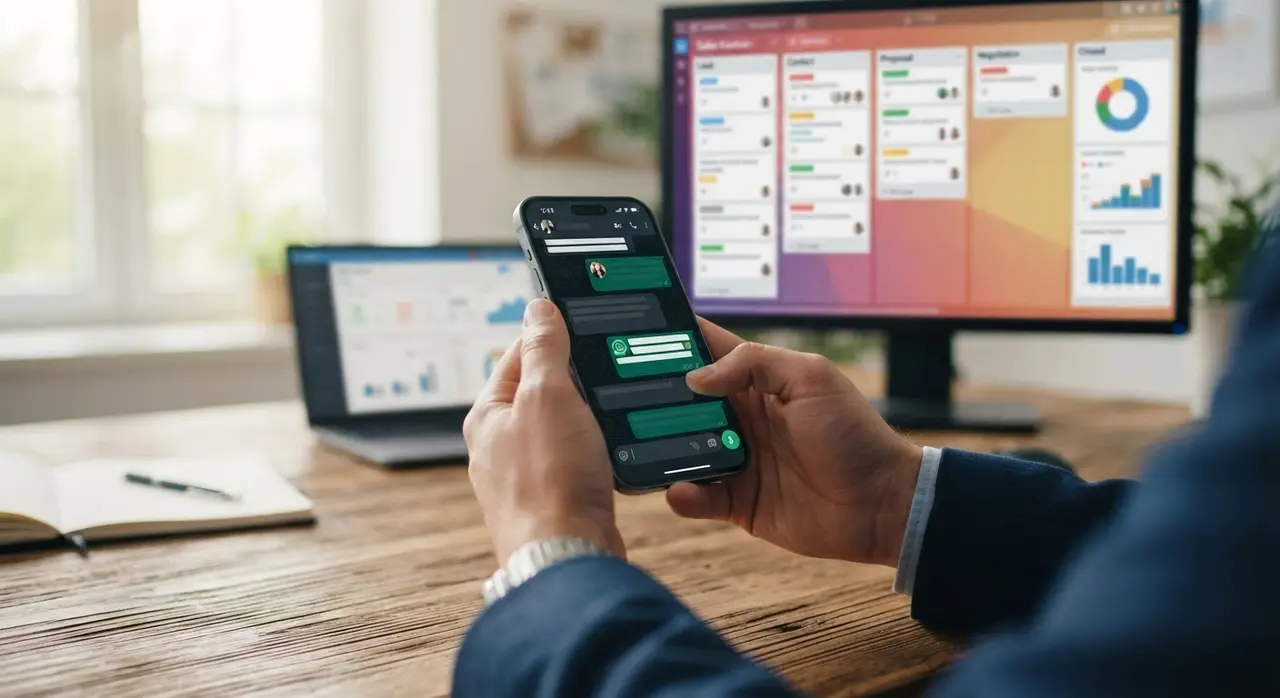 Ejemplo de uso de modelos de mensaje whatsapp en un smartphone corporativo para ventas.