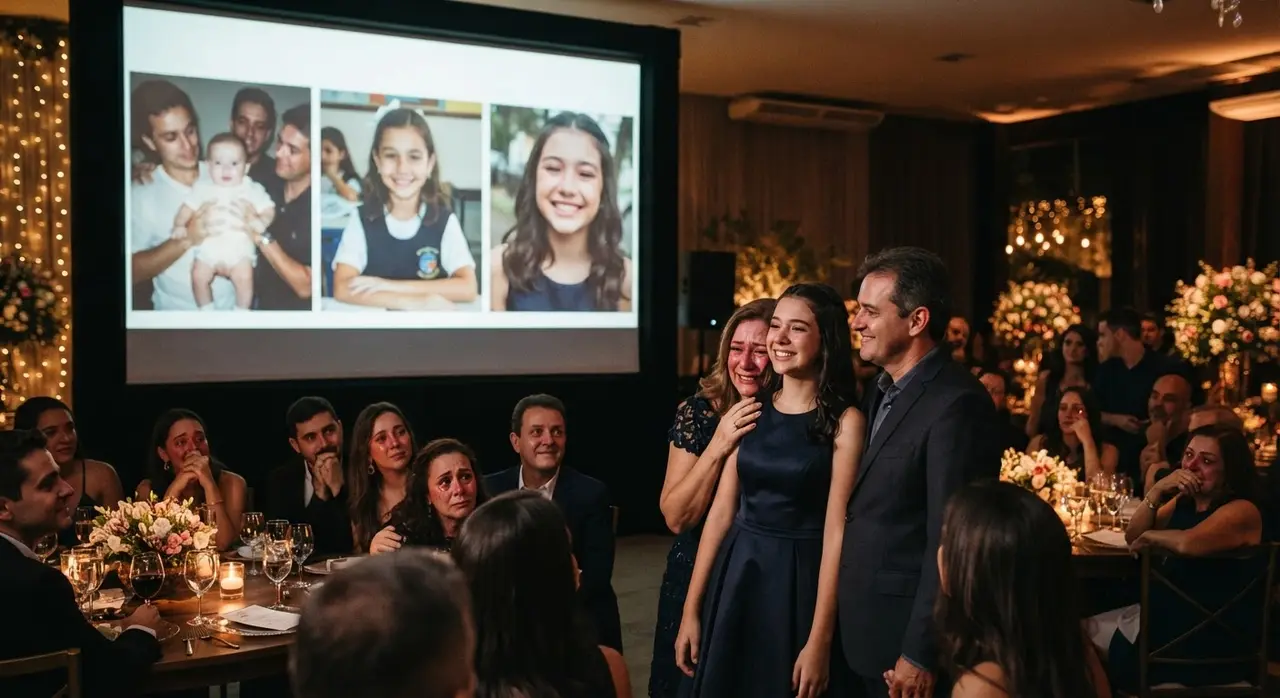 Montagem de fotos para aniversário de 15 anos sendo exibida em um telão durante a festa.