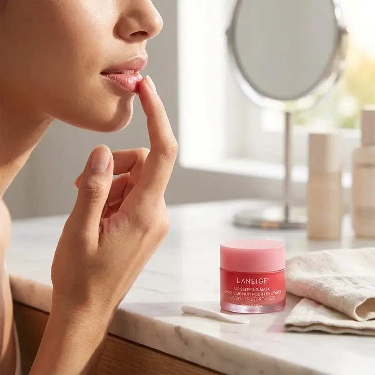 Applying LANEIGE Lip Sleeping Mask to treat dry lips.