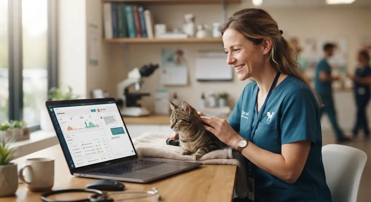 Recepcionista de clínica veterinaria aliviada gracias a la automatización y prevención de churn con IA
