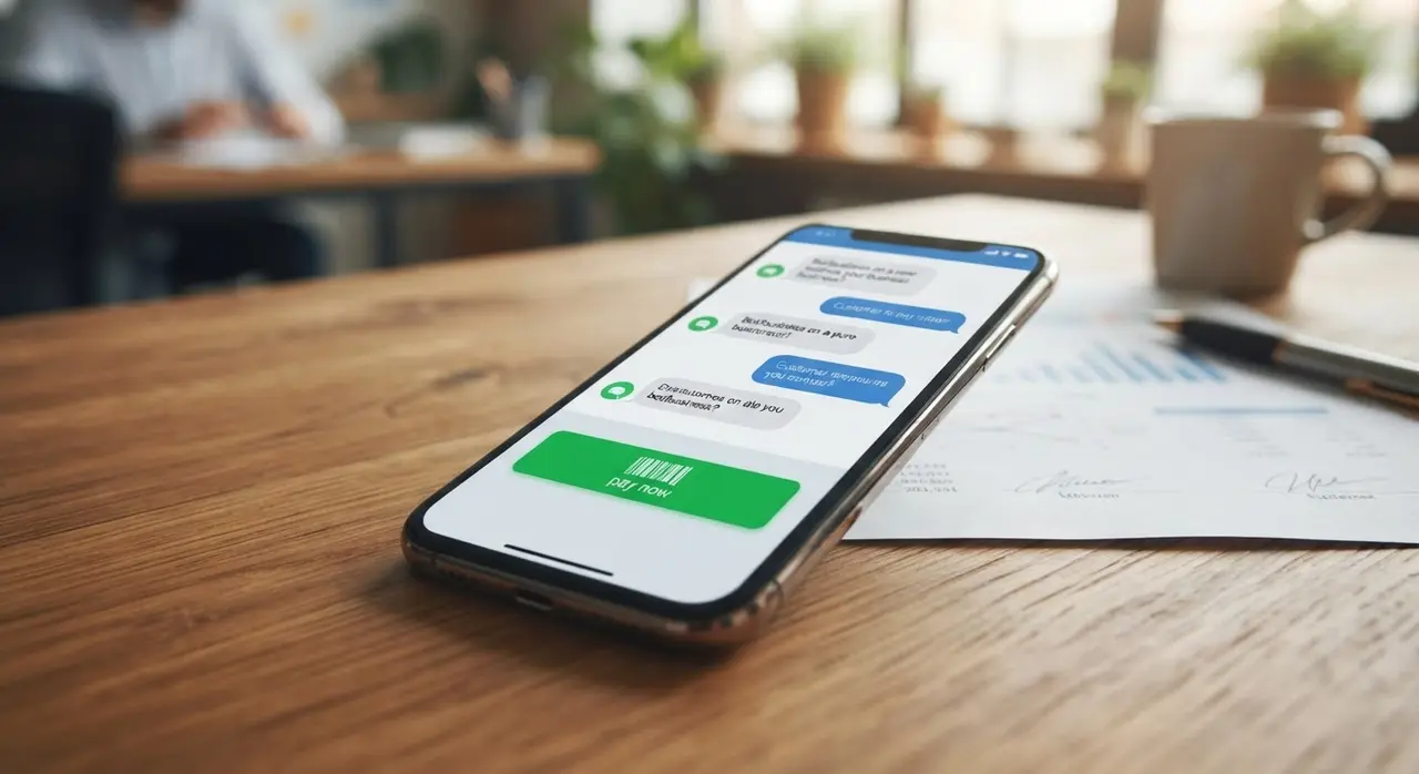 Smartphone mostrando una notificación de cobro automatizado en WhatsApp Business.