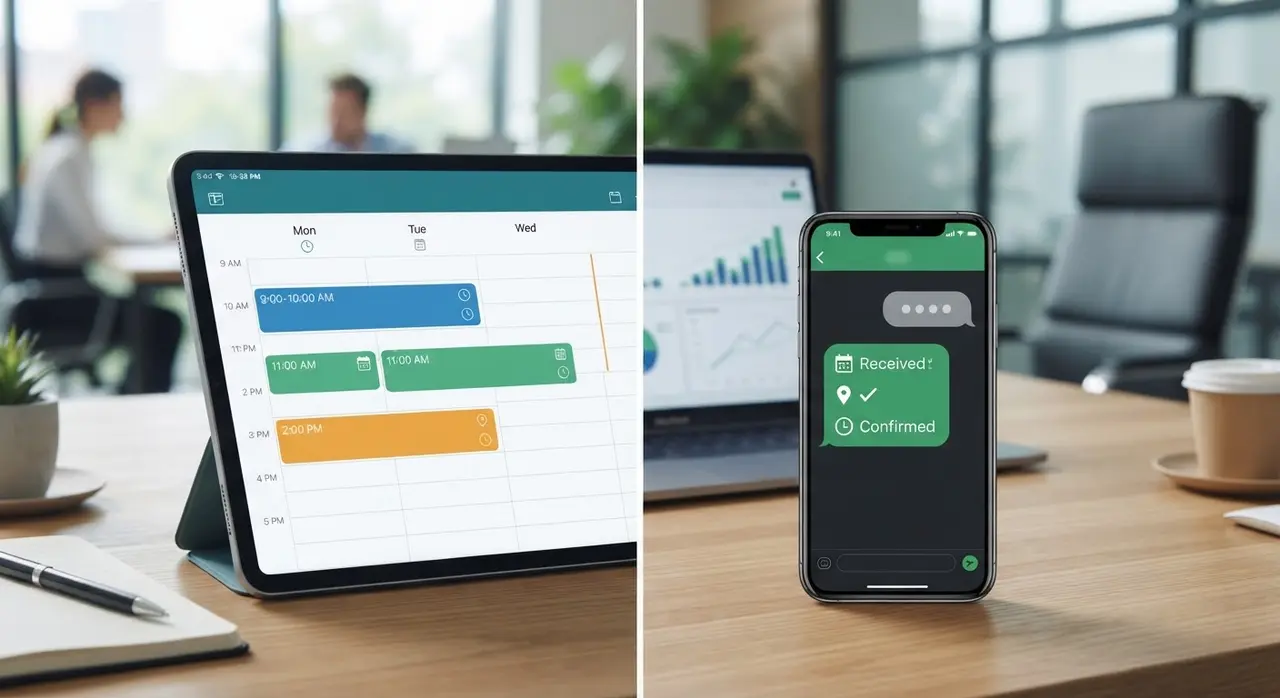 A WhatsApp Business CRM interface showing an integrated calendar and interactive chat booking.
