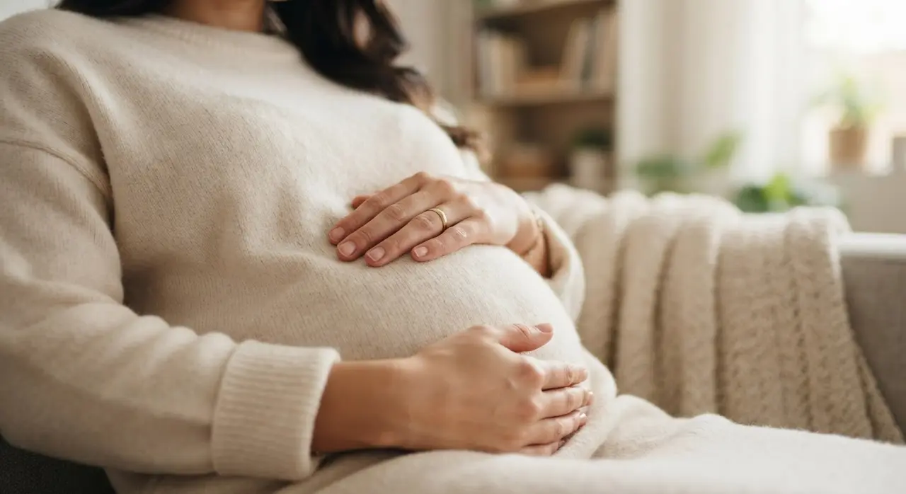 Gestante com as mãos na barriga, criando um vídeo de gestante emocionante com IA.