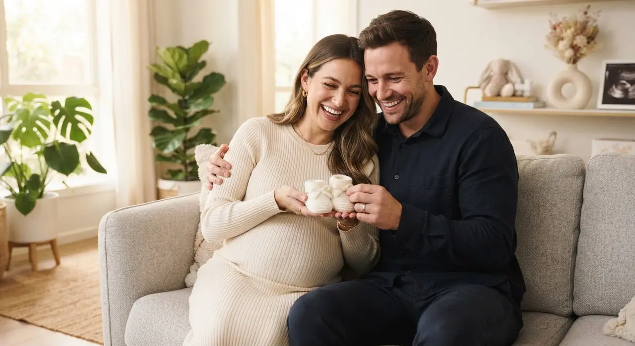 Casal segurando sapatinhos de bebê, imagem pronta para ser animada com IA para vídeo de chá de bebê.