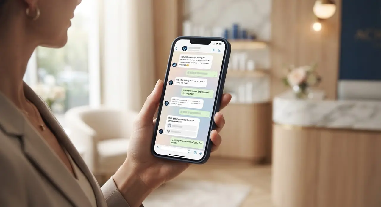 A WhatsApp bot successfully scheduling a consultation on a smartphone screen in a modern aesthetic clinic