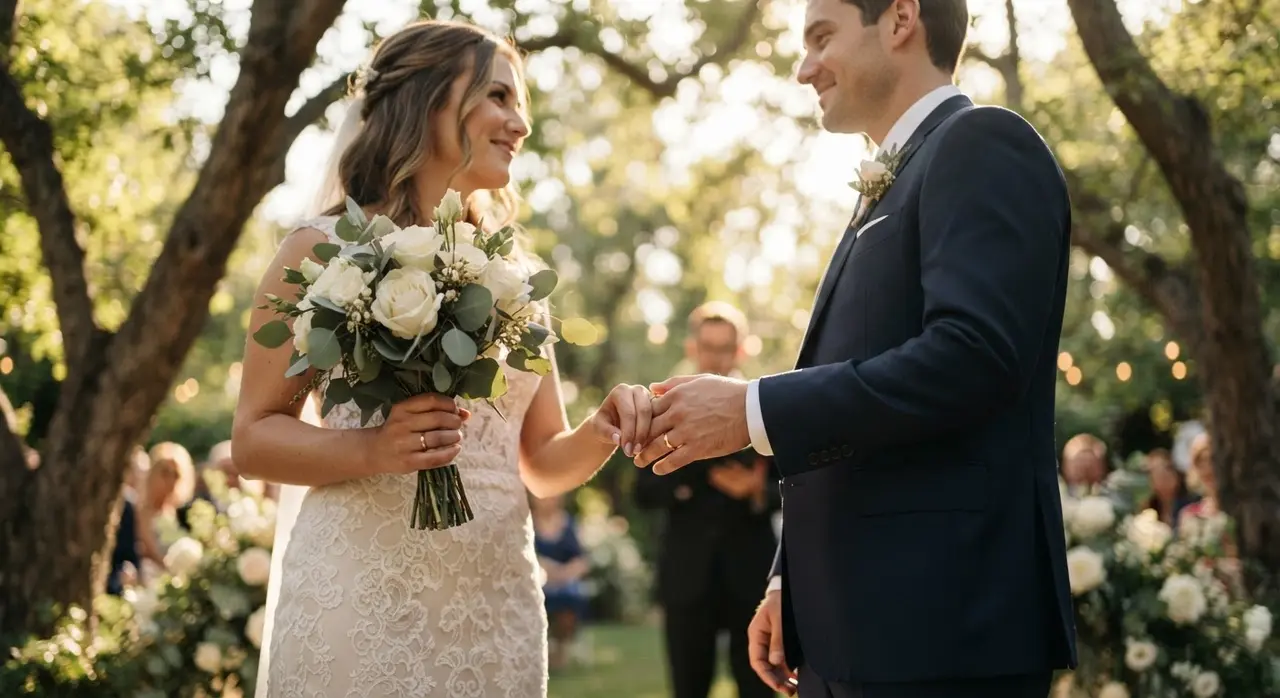 Casal apaixonado em uma cerimônia de casamento ao ar livre para transformar foto em vídeo