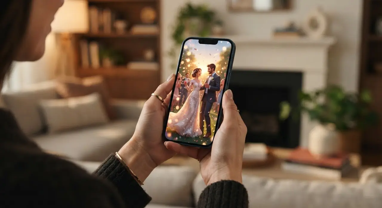 Exemplo de como transformar foto do casamento em vídeo emocionante usando IA no WhatsApp