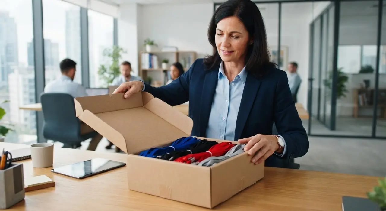 Gerente de suprimentos organizando caixa com cordão liso para crachá.