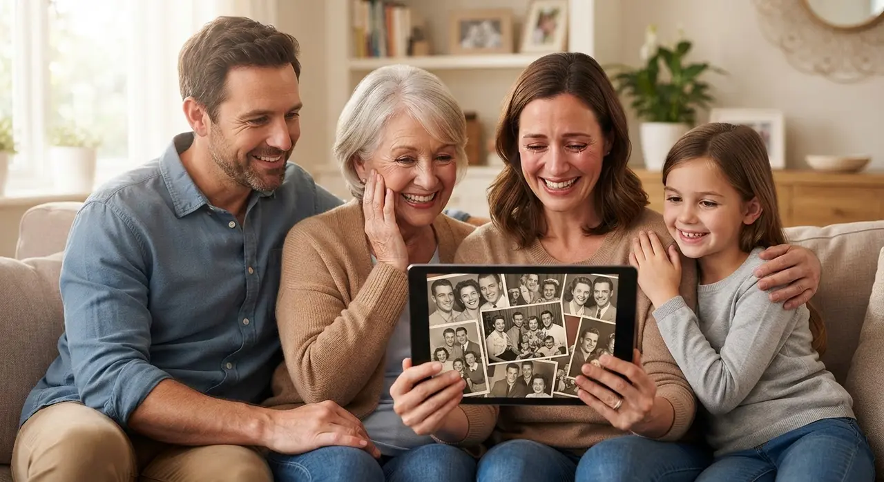 Família reunida assistindo a um vídeo de memórias criado com IA, uma forma de como fazer vídeo com foto para aproximar entes queridos.