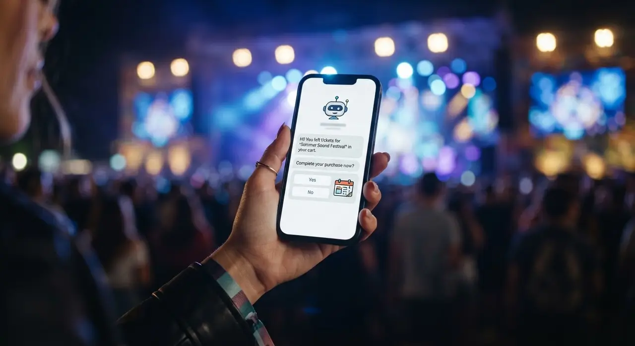Celular exibindo mensagem de recuperação de carrinho por empresa de inteligência artificial durante venda de ingressos