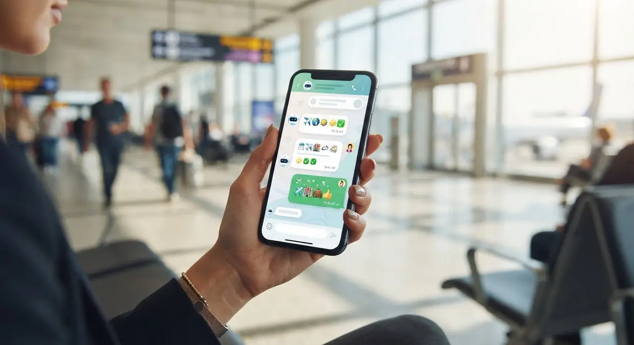 Traveler receiving instant customer support via mobile while a human agent handles complex requests.