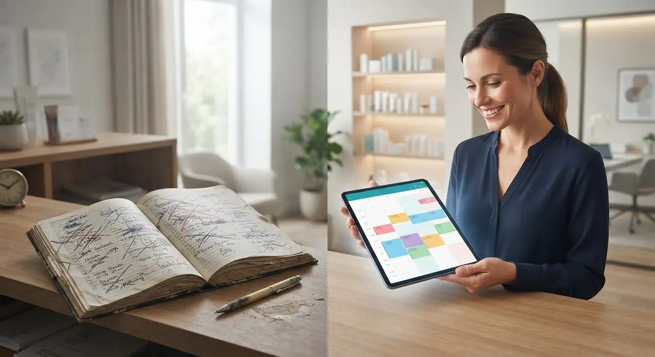 Split screen showing an aesthetician working and an n8n automation workflow diagram