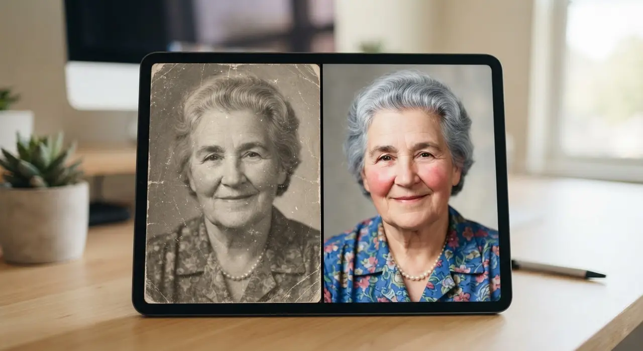 Comparação de foto antiga restaurada e colorida com IA para melhorar foto antiga