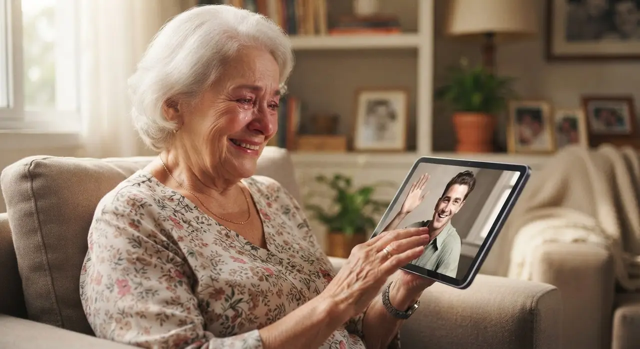 Pessoa emocionada assistindo a um vídeo feito a partir de uma única foto de um ente querido