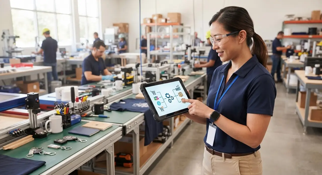 Gestão de produção otimizada com automação empresarial na indústria de brindes.