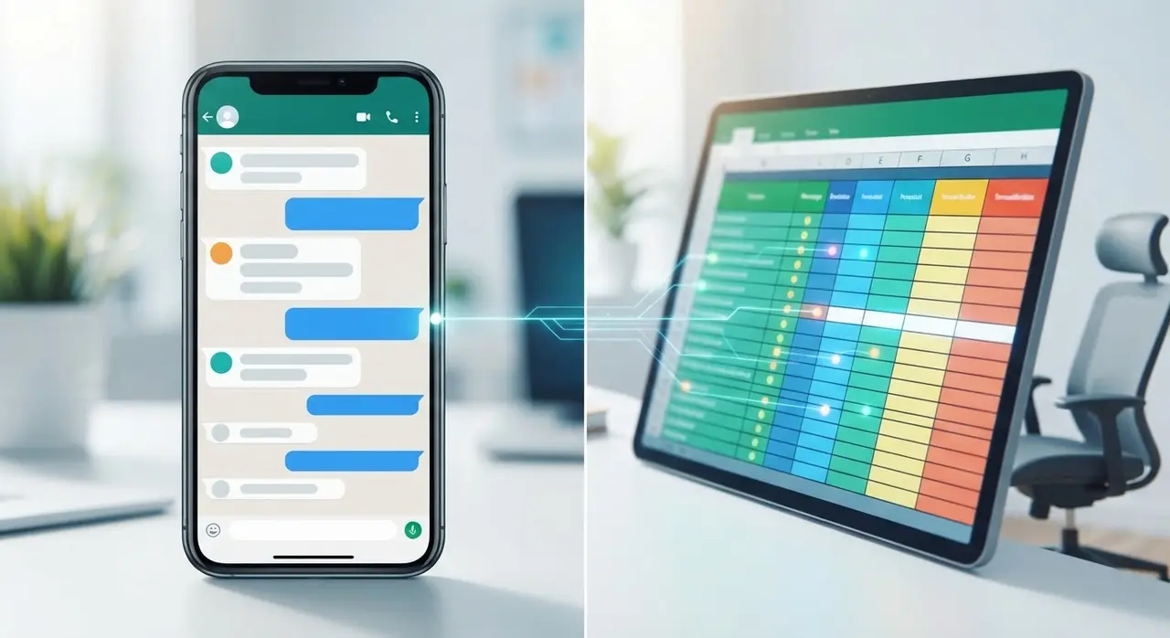 Flujo de datos automático desde un chat de WhatsApp hacia una hoja de cálculo.