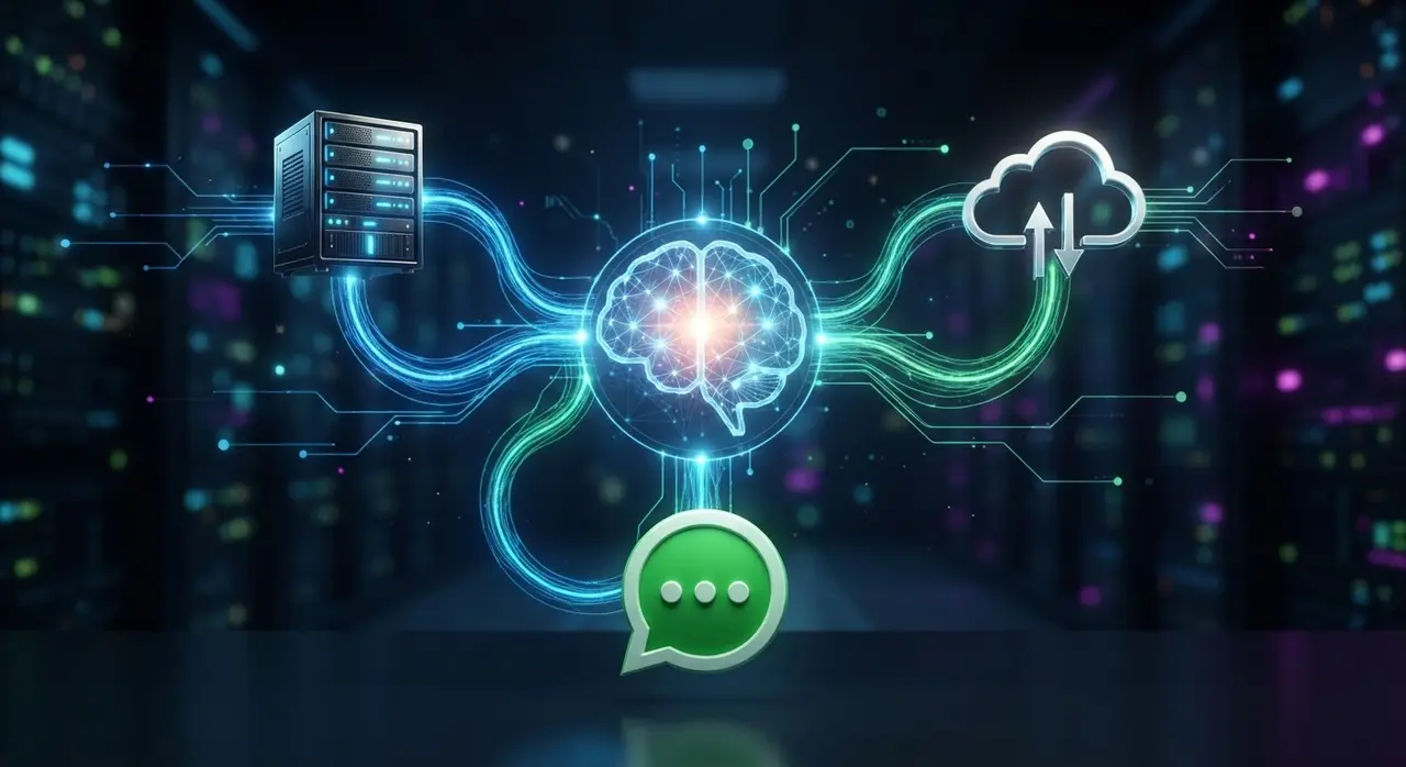 Integración segura entre un ERP corporativo, inteligencia artificial y WhatsApp Business.