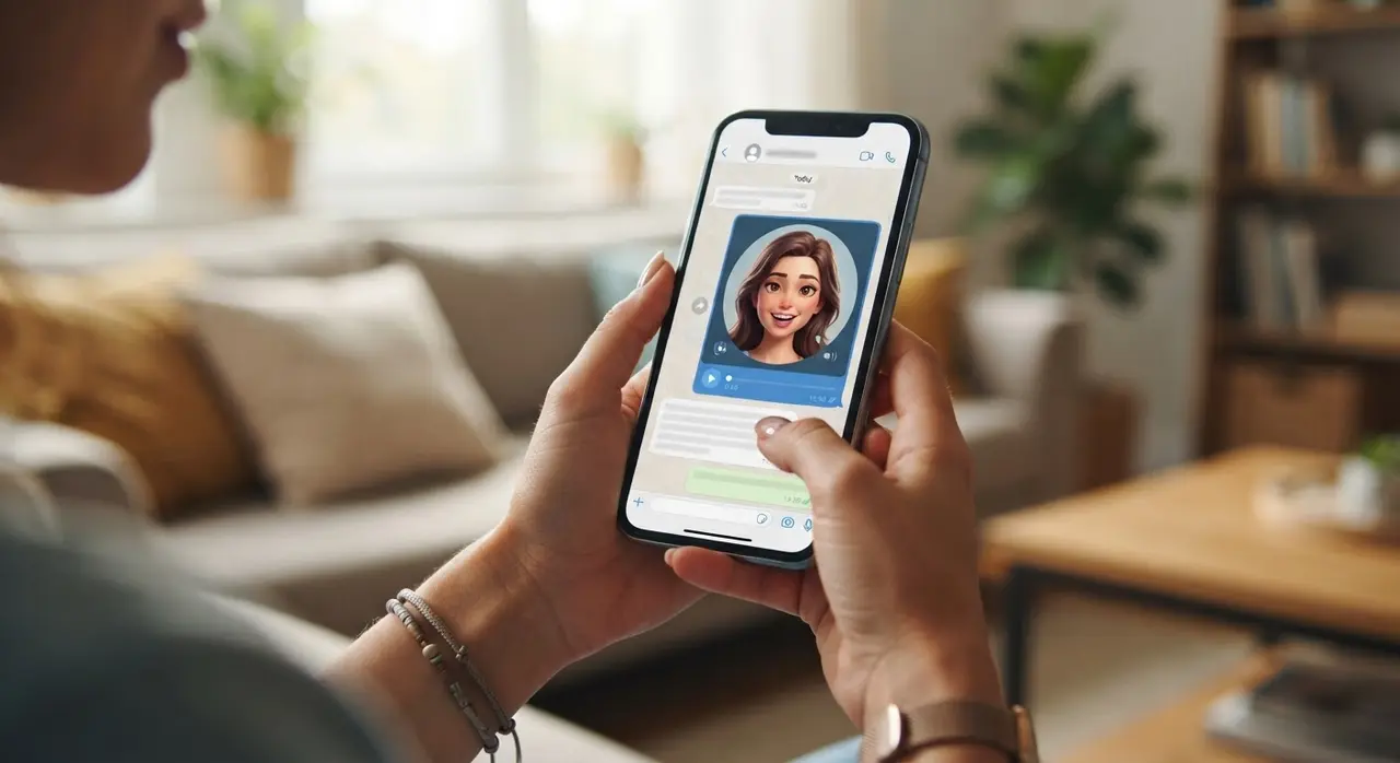 Celular exibindo um retrato animado sendo criado pelo WhatsApp