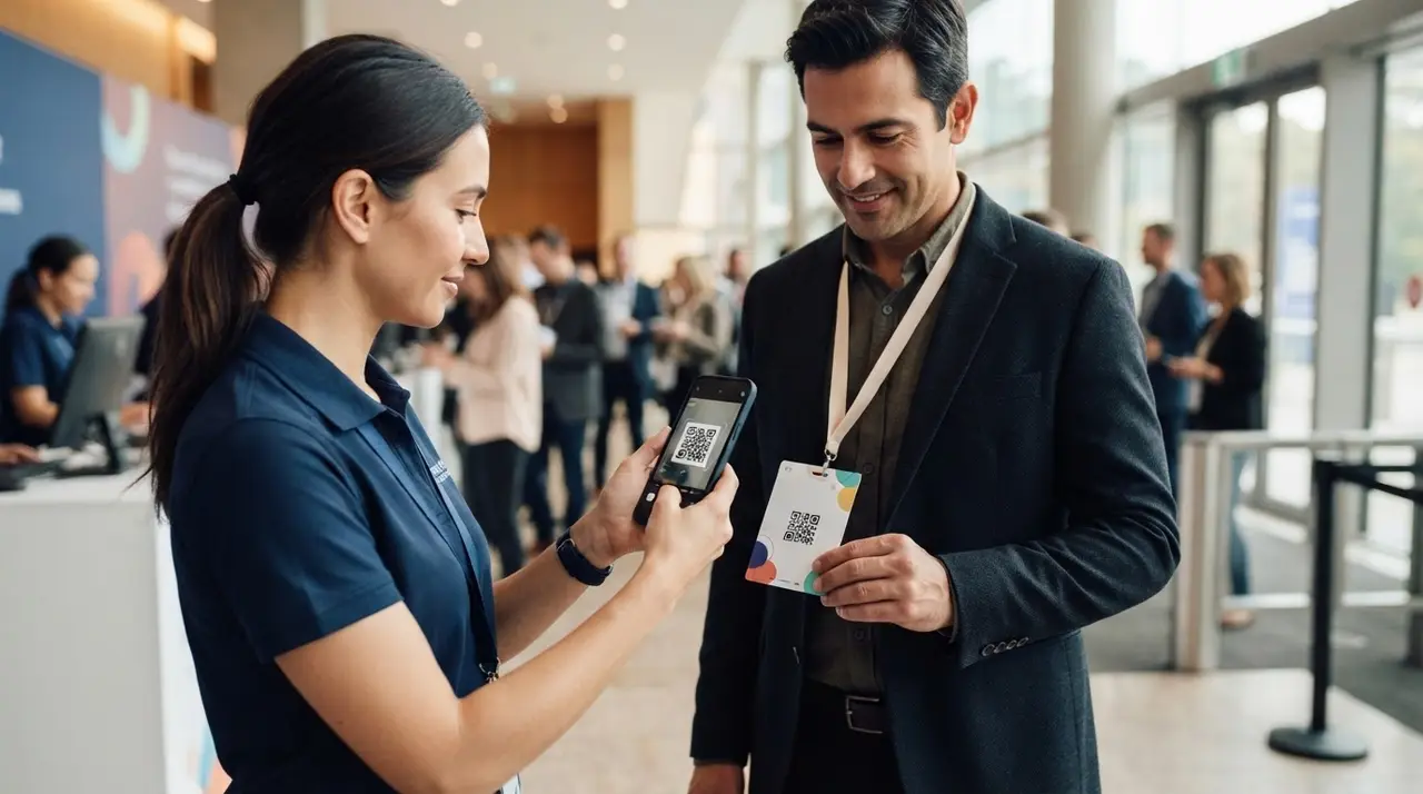 Staff de evento realizando controle de acesso lendo credenciais com QR Code