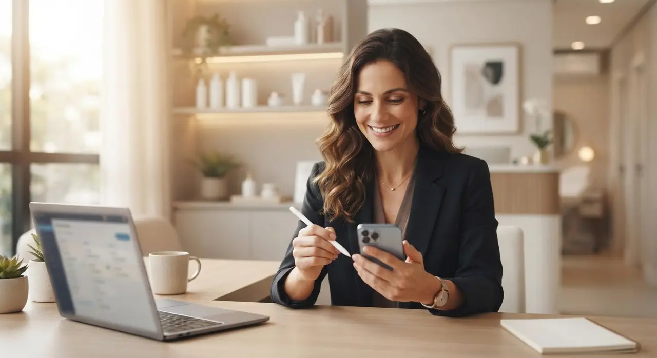 Gestora de clínica de estética sorrindo ao ver o aumento da fidelização de pacientes no celular.