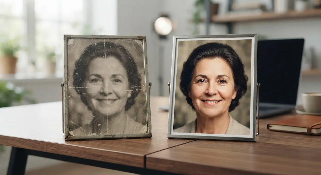 Comparação de foto antiga e restaurada para criar vídeo com IA e recuperar foto antiga