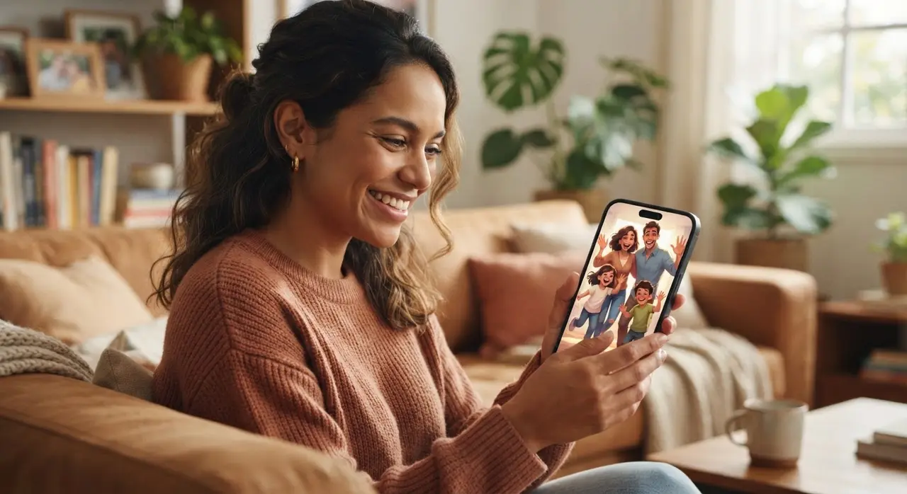 Pessoa emocionada ao ver um vídeo criado com fotos de família usando IA no WhatsApp