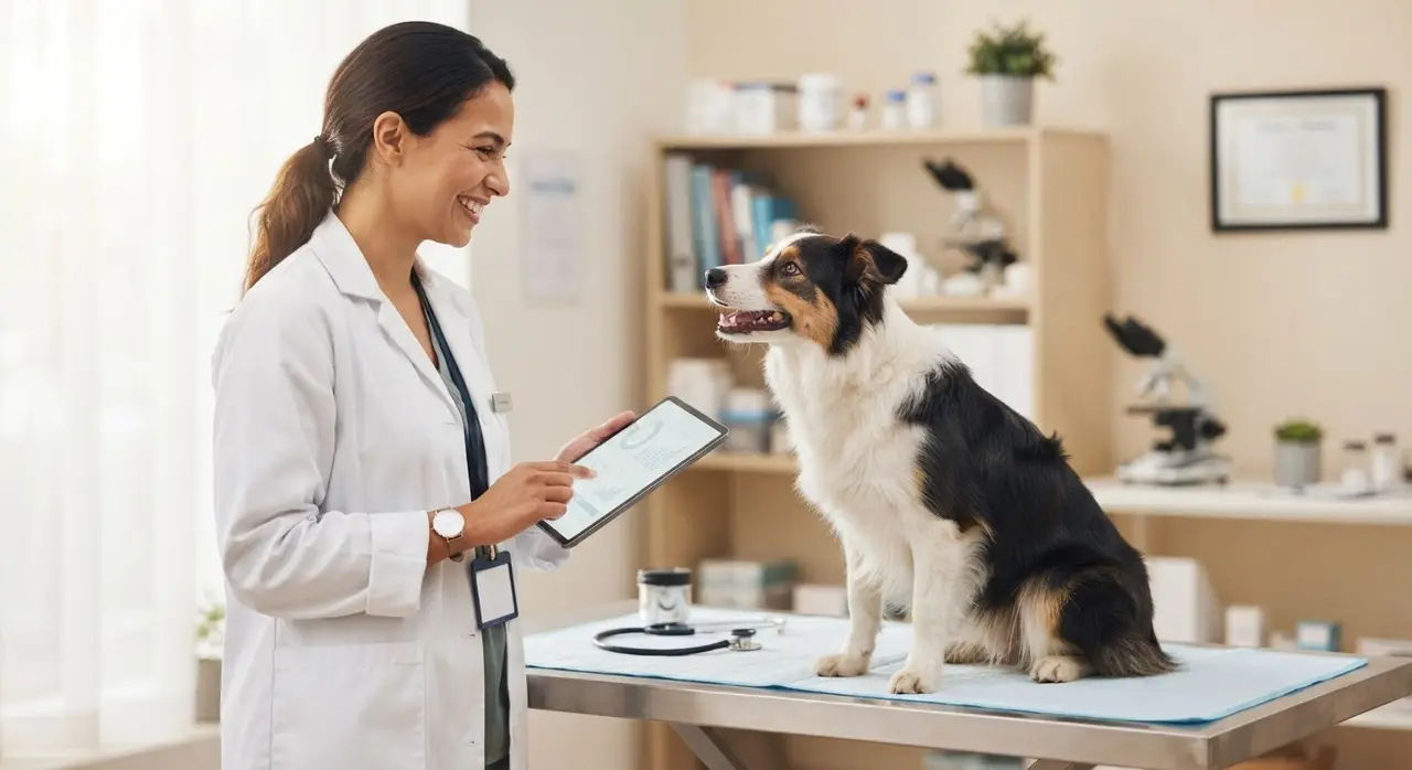 Veterinária analisando indicadores de atendimento em um tablet na clínica com um cachorro ao lado