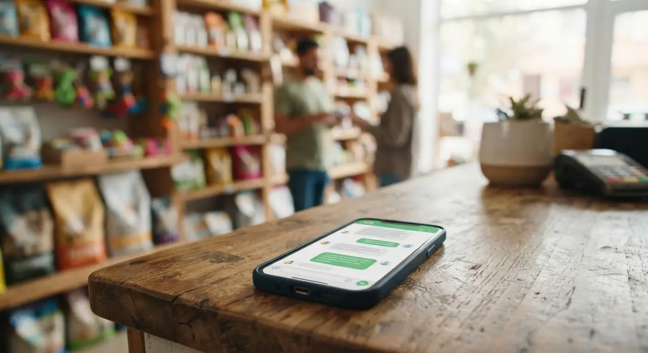 Smartphone na recepção do pet shop mostrando um lembrete automático de vacina pelo WhatsApp