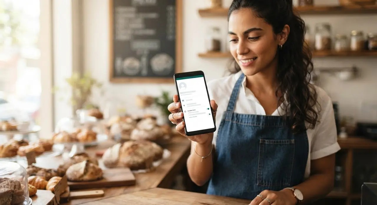 Empreendedor configurando o perfil no WhatsApp Business passo a passo em seu smartphone.