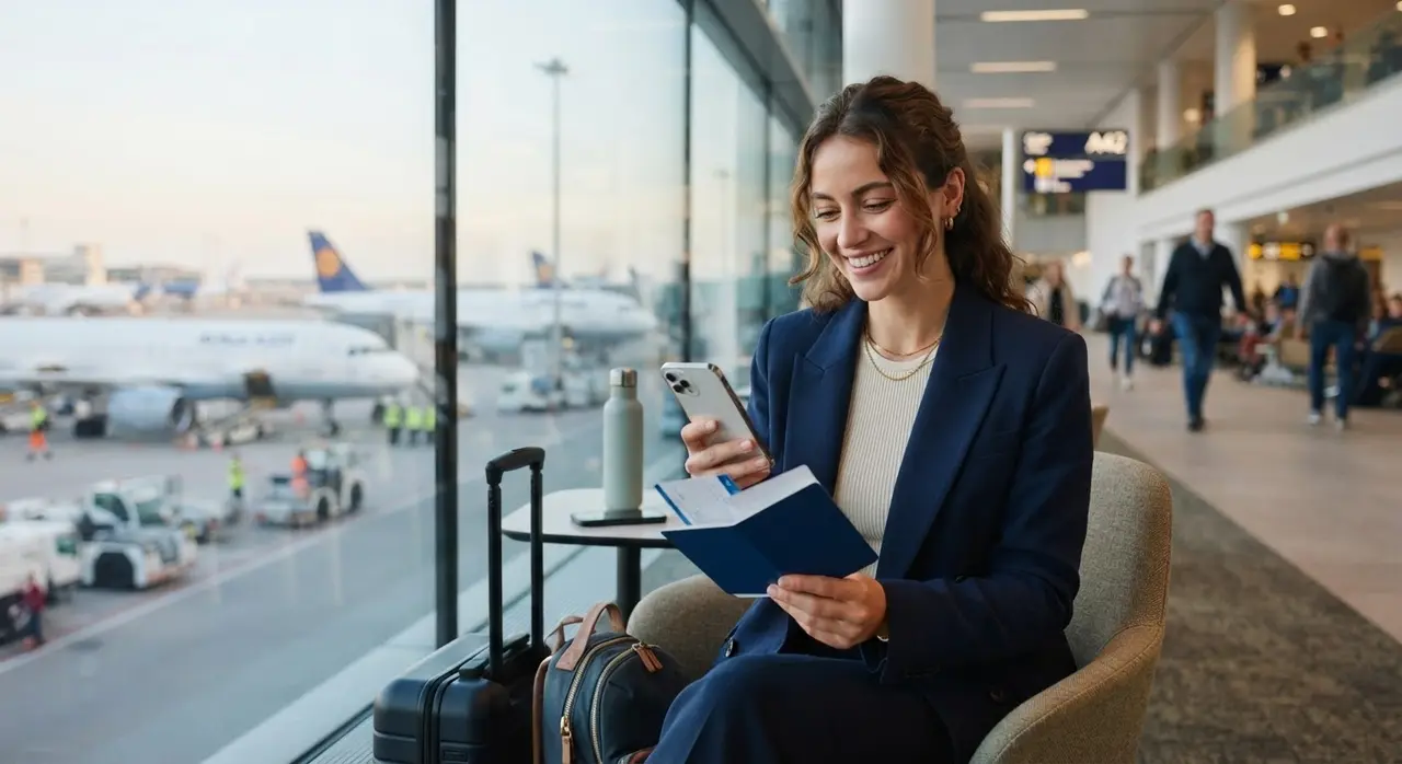 Viajante consultando exigências do destino pelo celular no aeroporto.