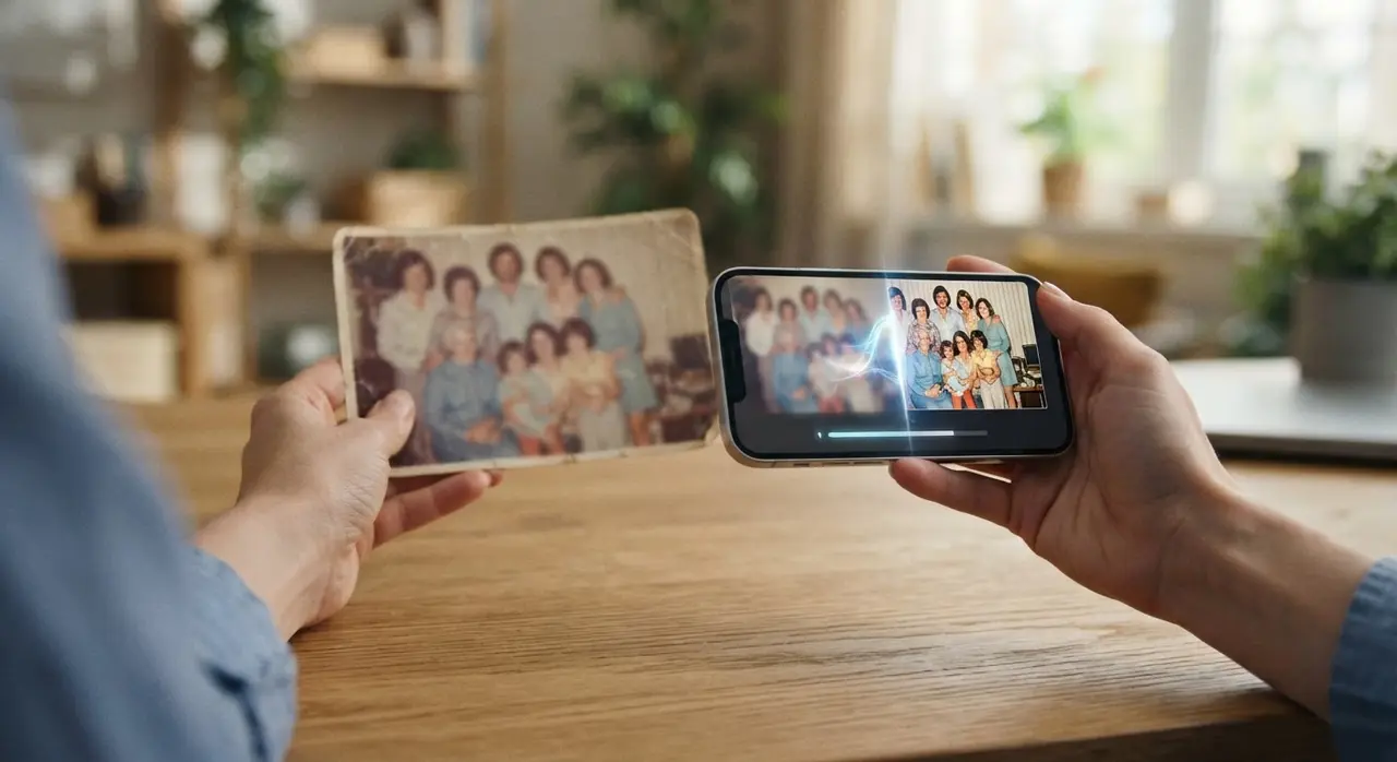 Pessoa segurando uma foto antiga e tremida enquanto usa um smartphone para melhorar foto com IA