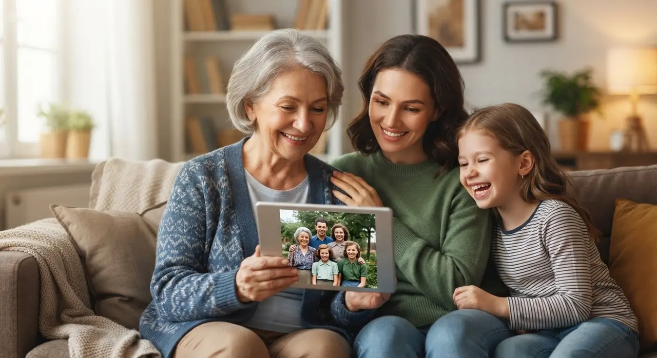 Família feliz visualizando uma foto antiga que foi restaurada e melhorada com inteligência artificial