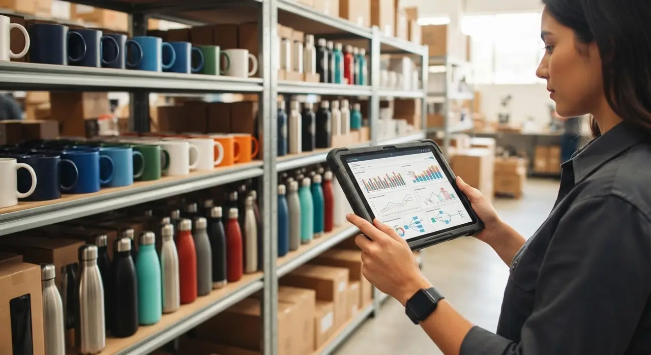 Manager checking inventory automation and stock levels for custom promotional gifts