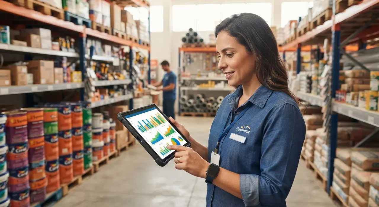 Empleado verificando el inventario de la tienda de materiales de construcción con un dispositivo móvil
