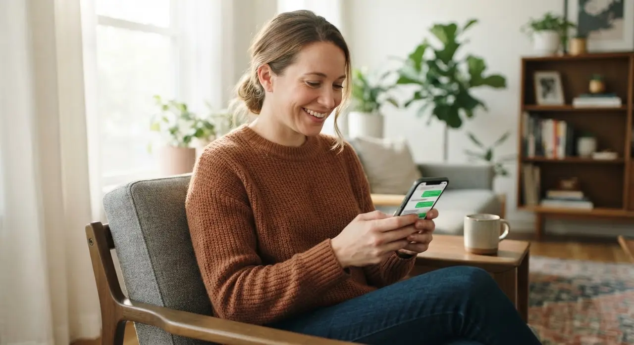 Pessoa sorrindo ao usar um agente de ia whatsapp para cotação de seguro