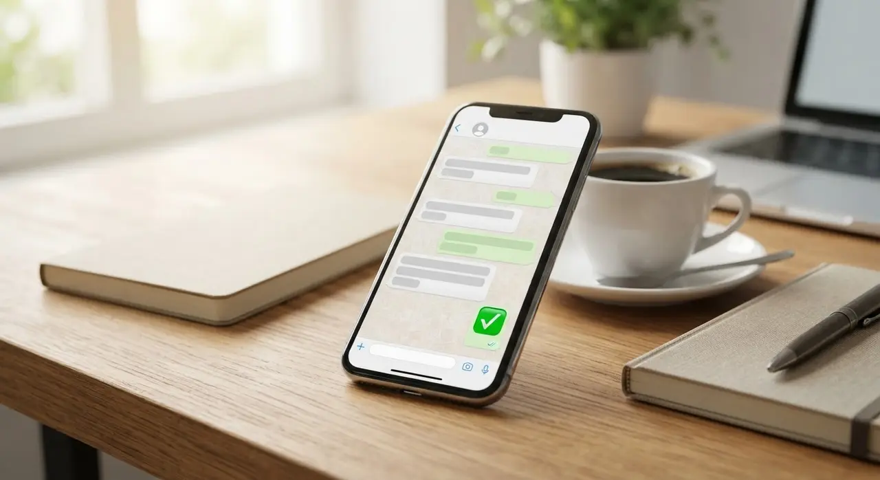 Smartphone na mesa mostrando um modelo de mensagem de pós-venda no WhatsApp Business