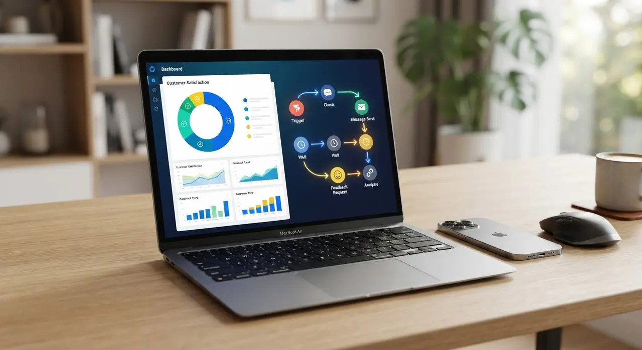 Notebook exibindo fluxo de automação para envio de mensagens de pós-venda e pesquisa de satisfação