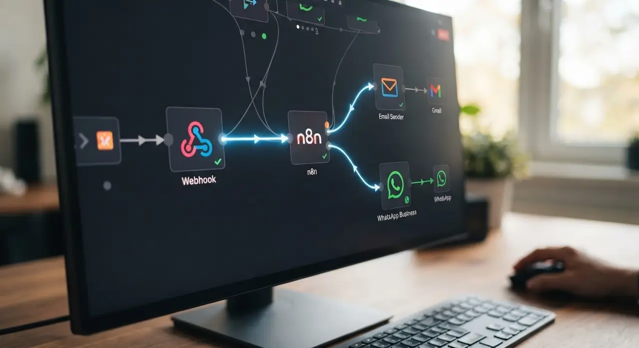 Tela de computador mostrando um fluxo de nós no n8n conectando webhook, e-mail e WhatsApp.