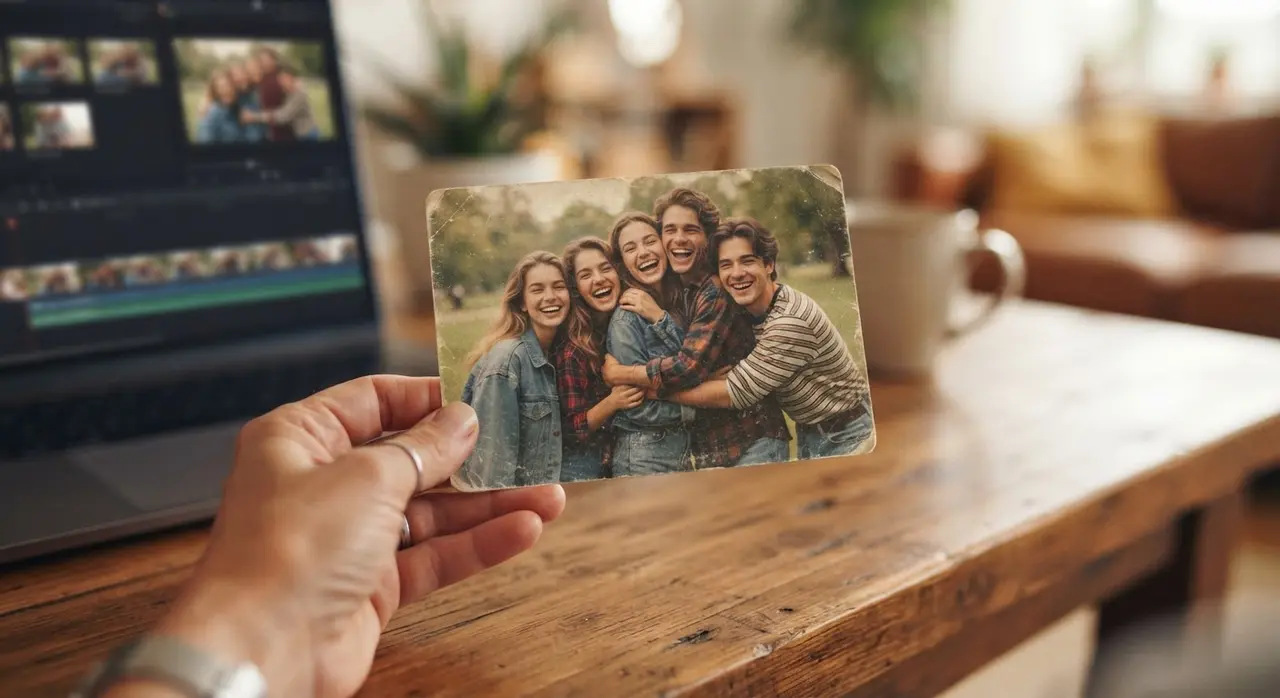Foto antiga de amigos de infância sendo segurada por uma mão, representando uma montagem de fotos de amigos para reencontro.