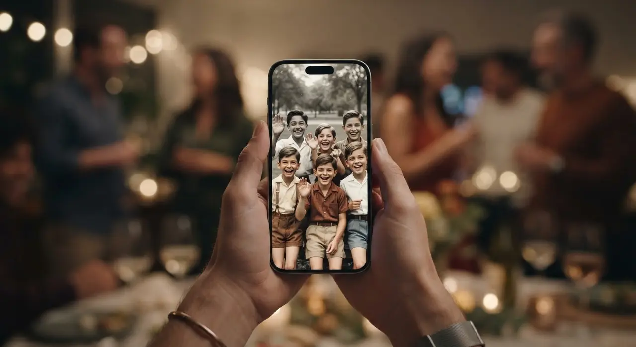 Montagem de fotos em vídeo sendo exibida em um celular, com fotos de amigos de infância restauradas e coloridas.