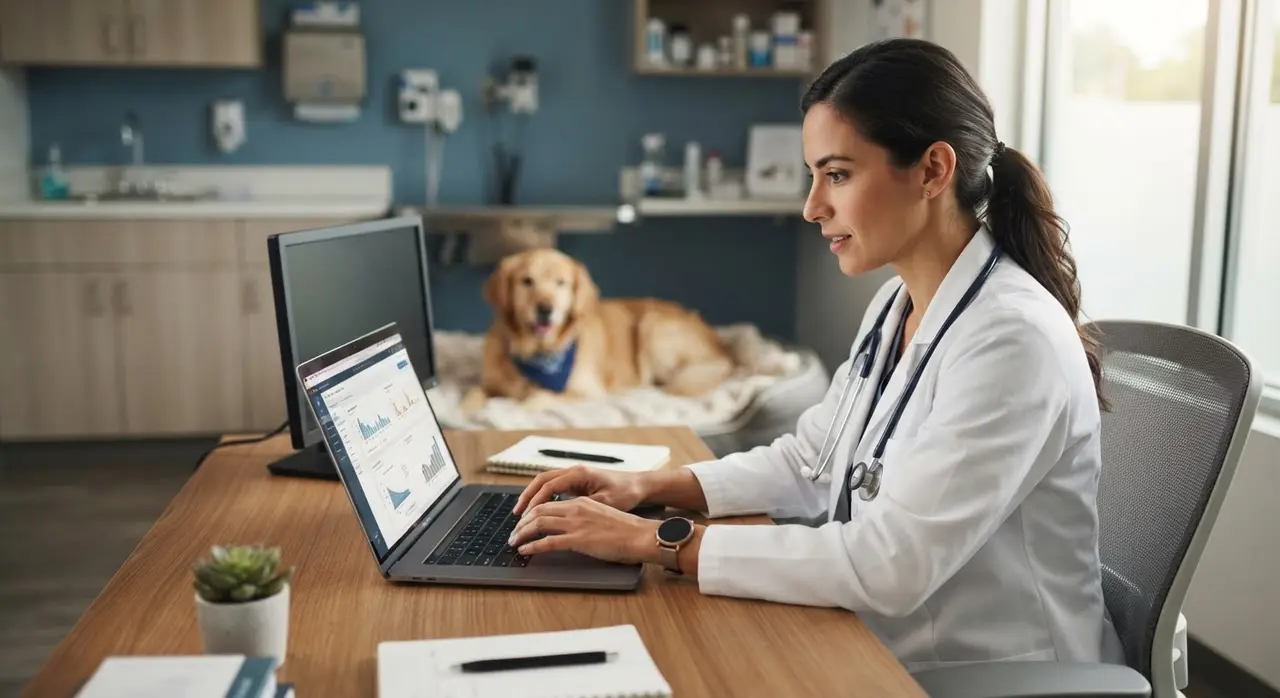 Veterinario estructurando un Claude tutorial en su computadora para generar orientaciones médicas.