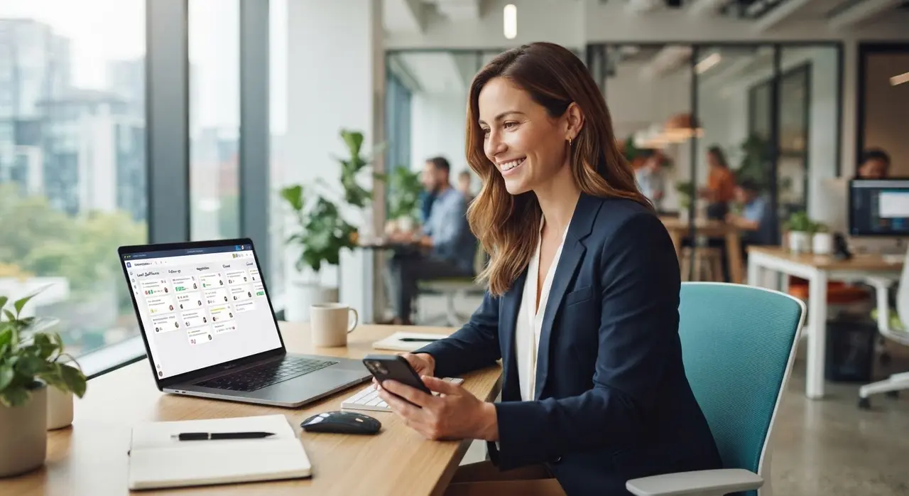 Gestora de ventas revisando el rendimiento y seguimiento automático de su equipo en el CRM
