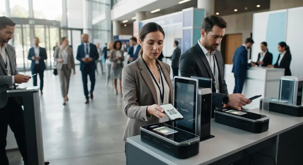 Participantes de um evento utilizando atendimento inteligente no smartphone para credenciamento rápido.