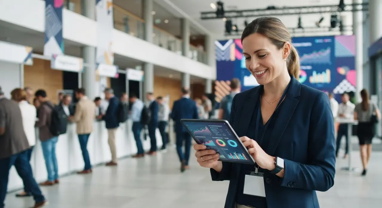 Gestor de eventos acompanhando dados da automação com IA em um tablet durante a recepção.